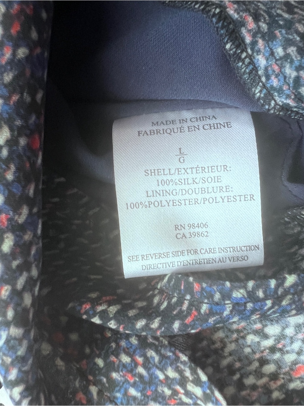 Theory 100% Silk Tweed Print Navy Sleeveless Blouse Office Casual Sheer SZ L - Picture 8 of 9
